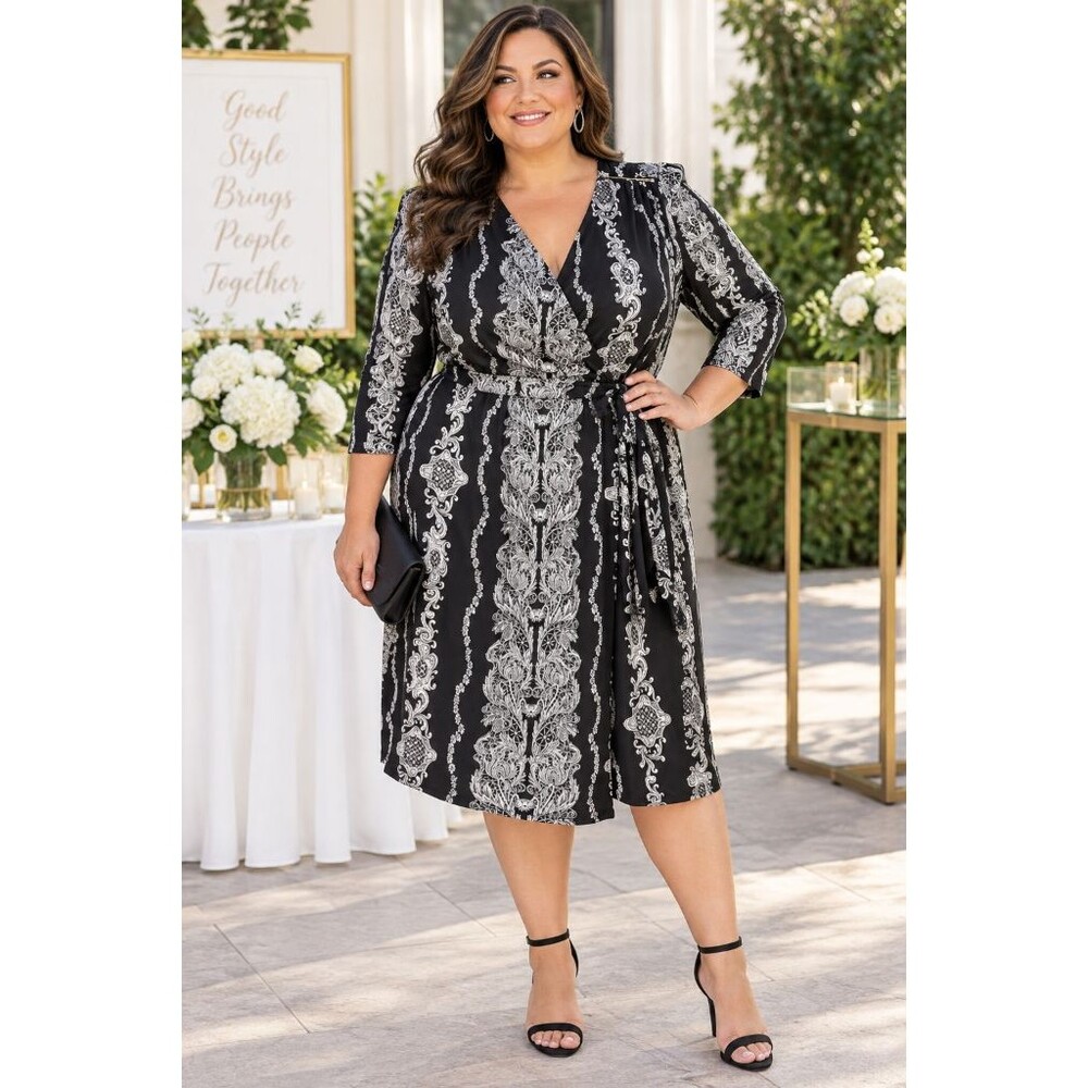 Lane Bryant Wrap Dress Women 14W Black White Floral 3/4 Sleeve Belted V Neck